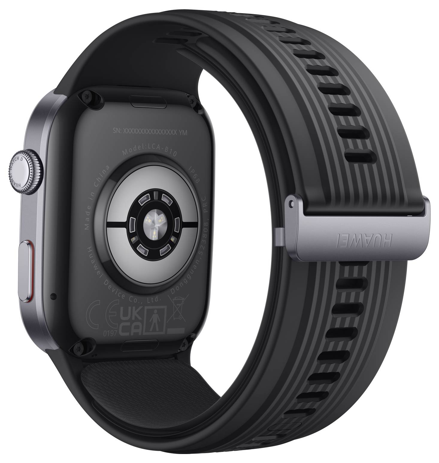 Une montre connectée avec un bracelet noir et un boîtier gris, présentée de profil, montre sa face arrière avec des capteurs et le logo de la marque.