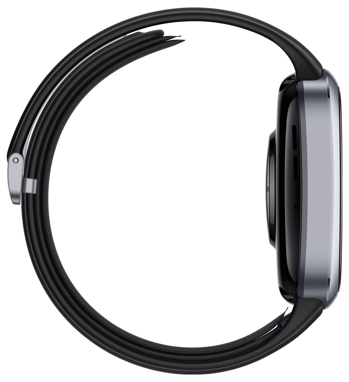 Montre connectée noire de côté, avec un boîtier rond, un bracelet noir et gris et un profil de boîtier lisse.