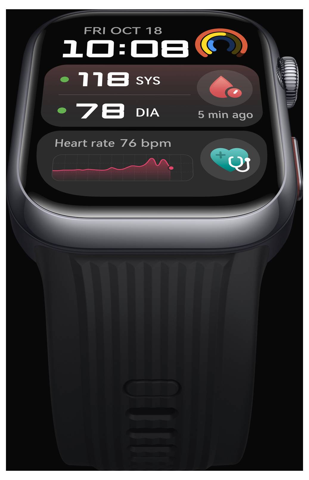 La montre connectée affiche la date, l'heure, la tension artérielle (118 SYS, 78 DIA), la fréquence cardiaque (76 bpm) et des symboles pour les données de santé et les alertes.