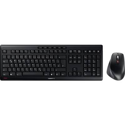 Ensemble clavier et souris sans fil noir. Clavier avec disposition complète et touches de fonction ; souris ergonomique avec molette de défilement.