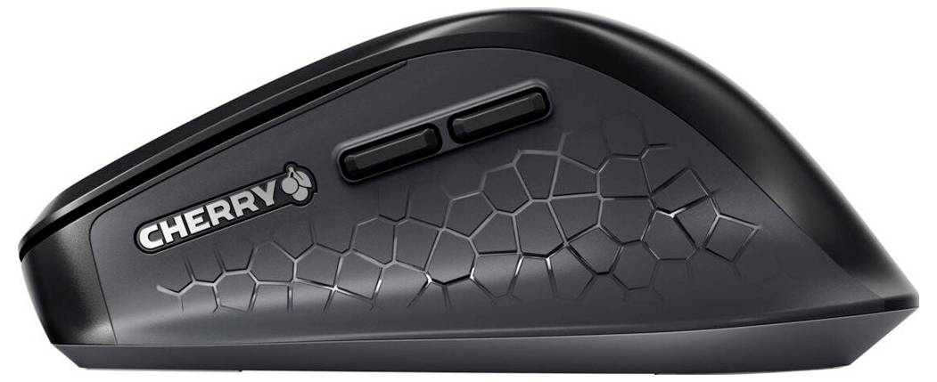 Souris ergonomique sans fil de Cherry avec des boutons latéraux et un motif géométrique sur la surface, principalement noire.