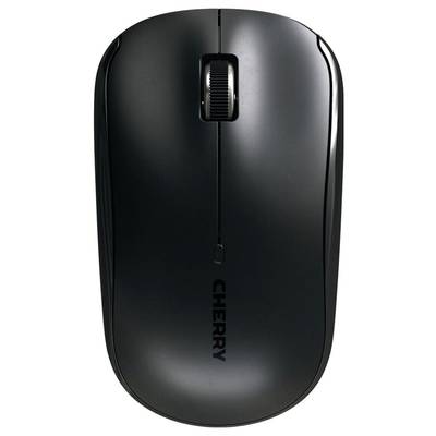 Souris d'ordinateur noire sans fil avec molette de défilement, le nom de marque 'Cherry' visible sur le dessus.