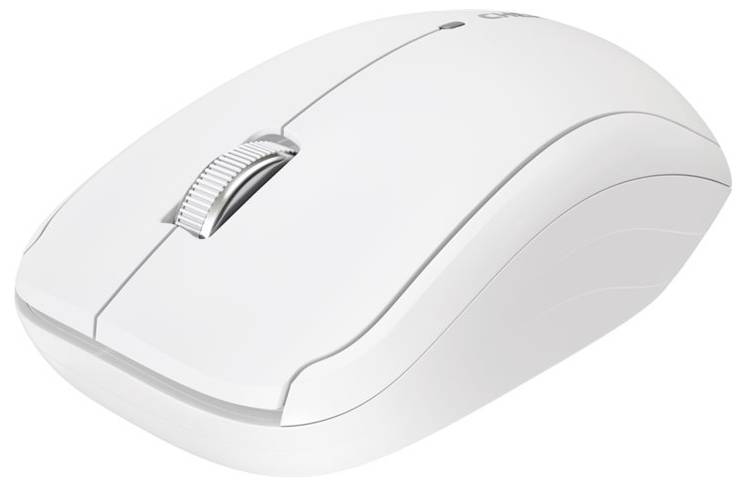 Souris d'ordinateur blanche sans fil avec molette de défilement sur fond blanc.