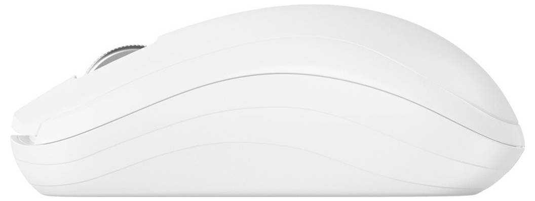 Souris d'ordinateur blanche sans fil, vue de côté, au design épuré avec des lignes courbes.