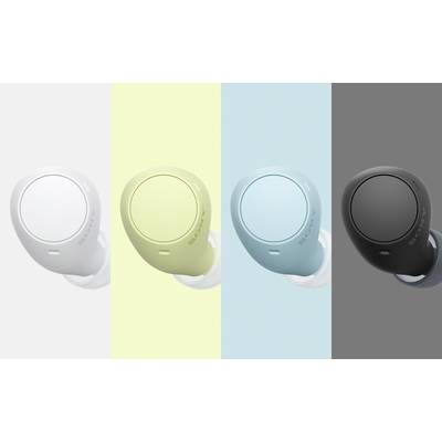 Quatre écouteurs sans fil de différentes couleurs : blanc, jaune clair, bleu clair et noir, sur un fond aux couleurs variées.