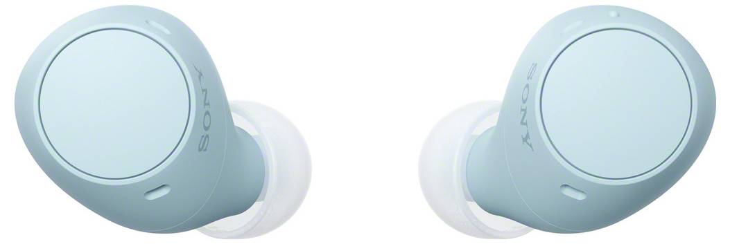 Écouteurs sans fil bleu clair de la marque Sony, disposés symétriquement côte à côte, sur un fond blanc. Adaptés pour écouter de la musique en déplacement.