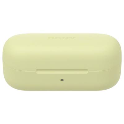 Étui compact de couleur jaune aux coins arrondis, avec un petit indicateur LED à l'avant. Le logo 'SONY' est visible en haut.