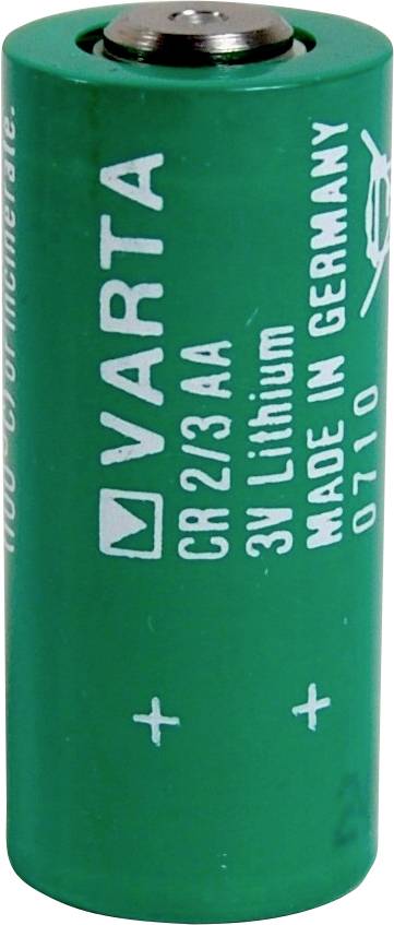Pile lithium verte VARTA, type CR2/3AA, 3V, fabriquée en Allemagne, positionnée verticalement.
