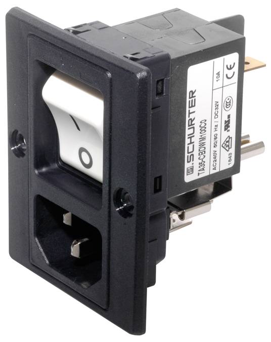 'Interrupteur réseau avec prise IEC et support de fusible, adapté aux appareils électroniques. Indique le nom de marque et les spécifications techniques.'
