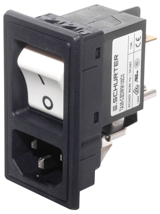 Interrupteur avec bloc d'alimentation intégré ; design rectangulaire ; interrupteur indiquant 'I' et 'O' pour marche/arrêt ; adapté aux appareils électriques.