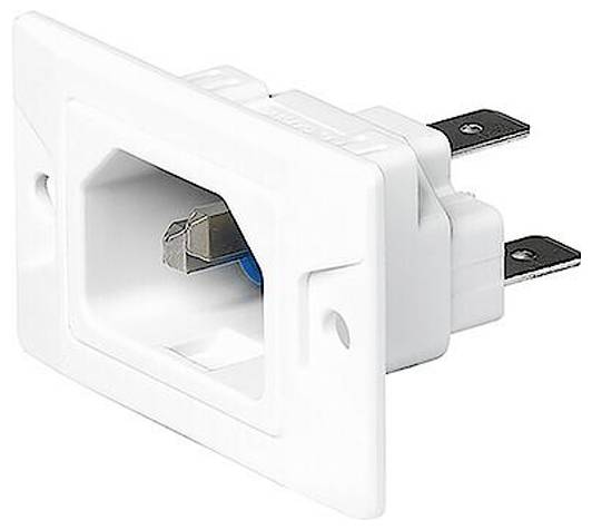 Un connecteur blanc tripolaire avec embase rectangulaire.