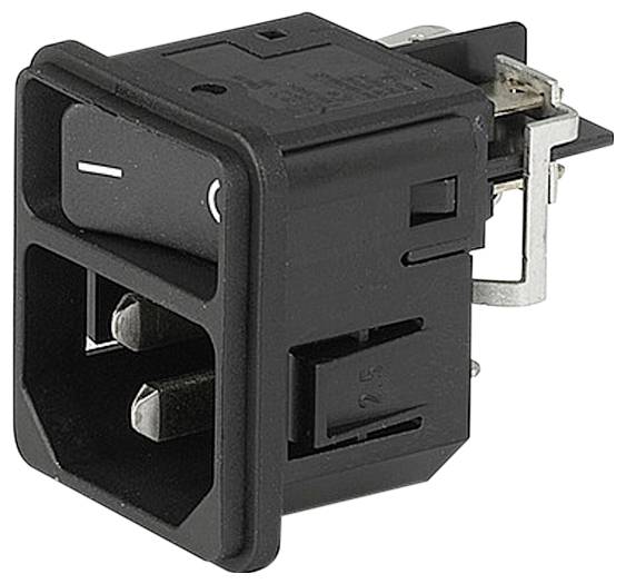 Un interrupteur à bascule noir avec symbole Marche/Arrêt. Il est intégré dans un boîtier rectangulaire, adapté aux applications électroniques.