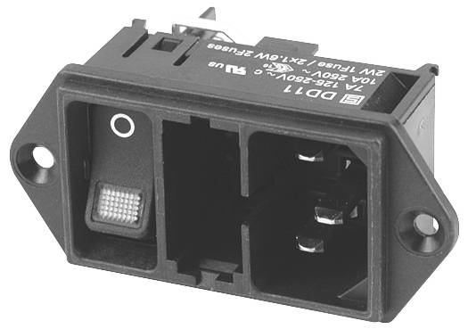 Un interrupteur réseau noir et rectangulaire pour appareils avec entrée pour appareil froid, bouton à molette et support de fusible. Adapté pour 10A 250V CA.