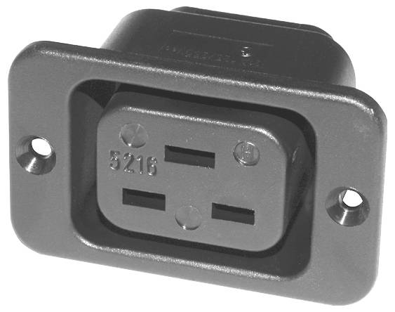 Une prise électrique noire avec trois fentes horizontales et deux trous de fixation, adaptée aux applications industrielles.