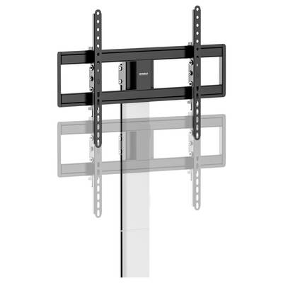 Support mural pour téléviseur noir, monté sur une tige argentée, présentant des supports flexibles pour différentes tailles de TV.
