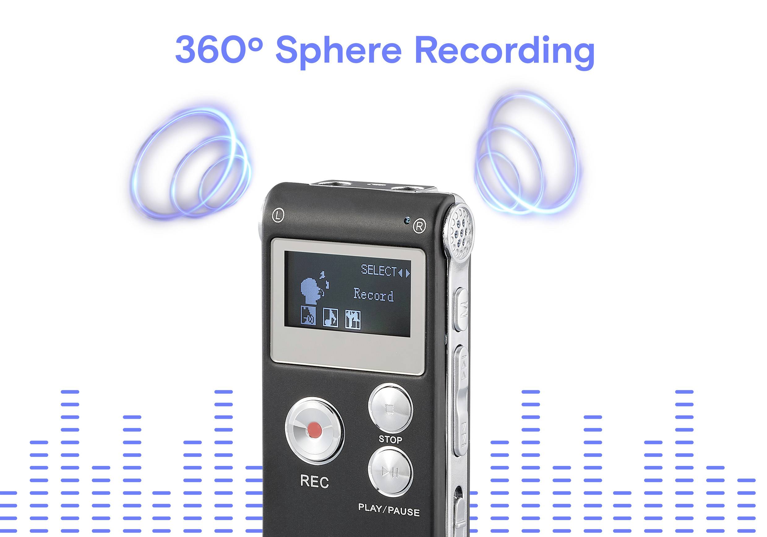 Un appareil d'enregistrement numérique avec fonction d'enregistrement sphérique à 360°. À l'arrière-plan, des ondes sonores bleues et le texte « Enregistrement sphérique 360° » sont visibles.