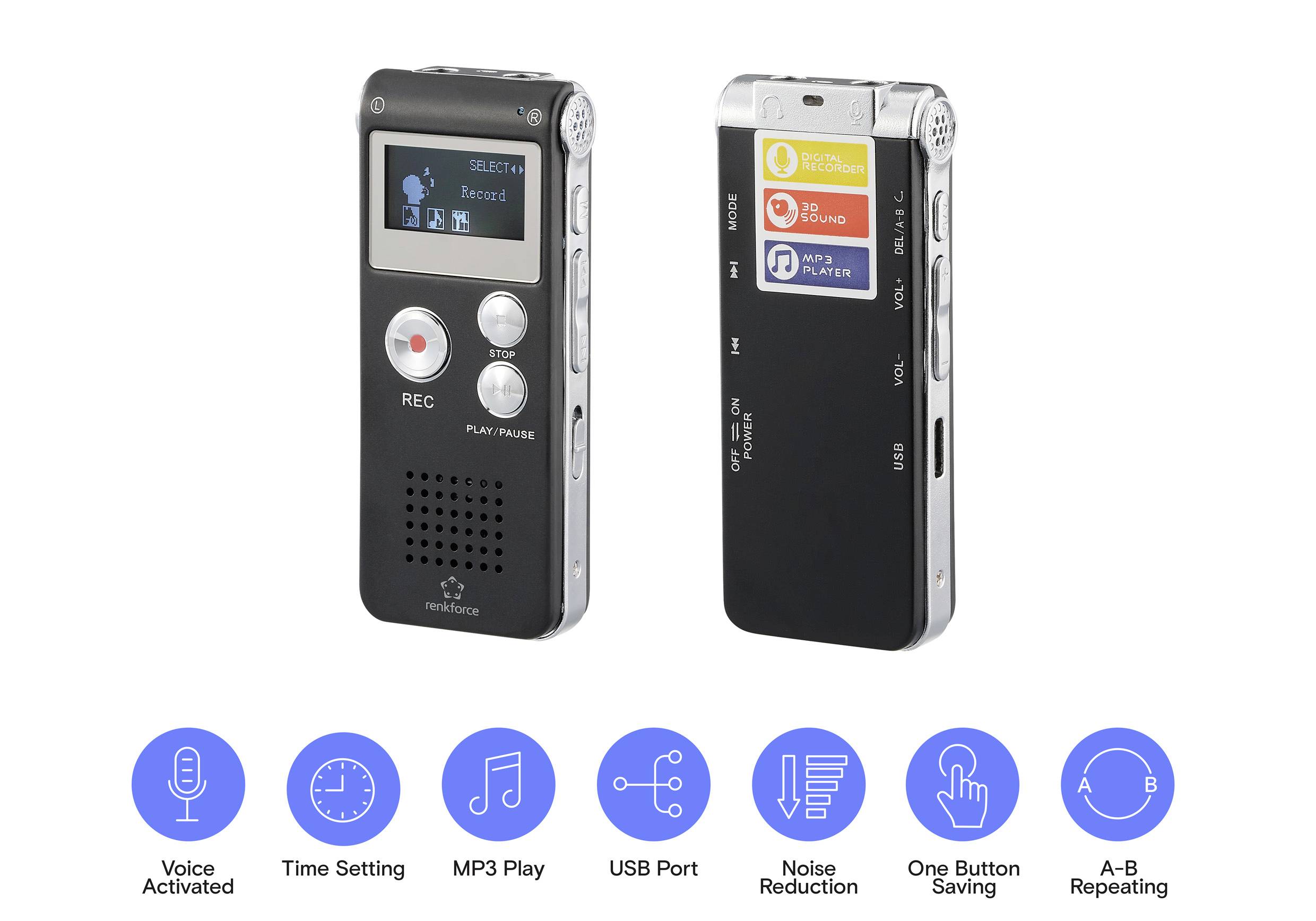 Deux dictaphones numériques en noir. La face avant présente des boutons de commande et un écran, la face arrière comporte des repères colorés. En dessous, des pictogrammes représentant les fonctions : activation vocale, MP3, USB, réduction de bruit.