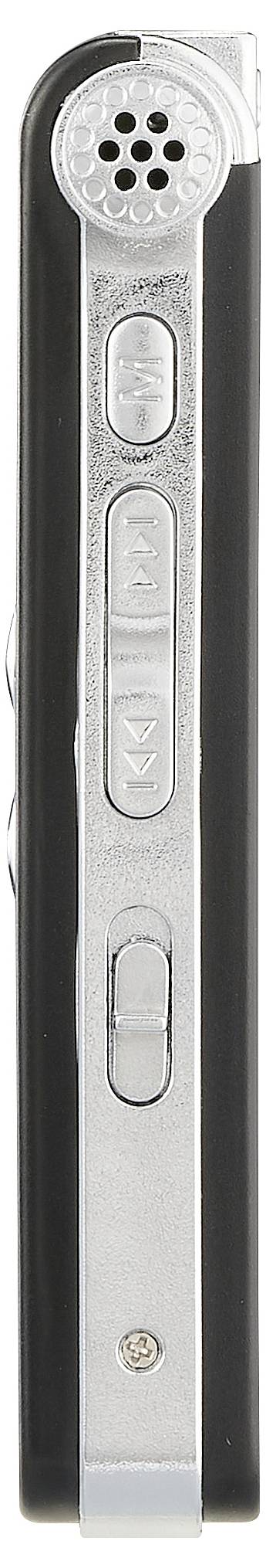 Bord noir et argenté d'un appareil électronique avec plusieurs touches et une sortie haut-parleur en haut.