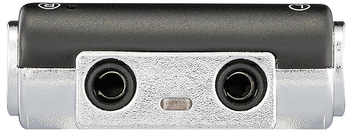 Adaptateur de prise audio métallique avec deux ports pour écouteurs, marqués 'L' et 'R' pour Gauche et Droite.