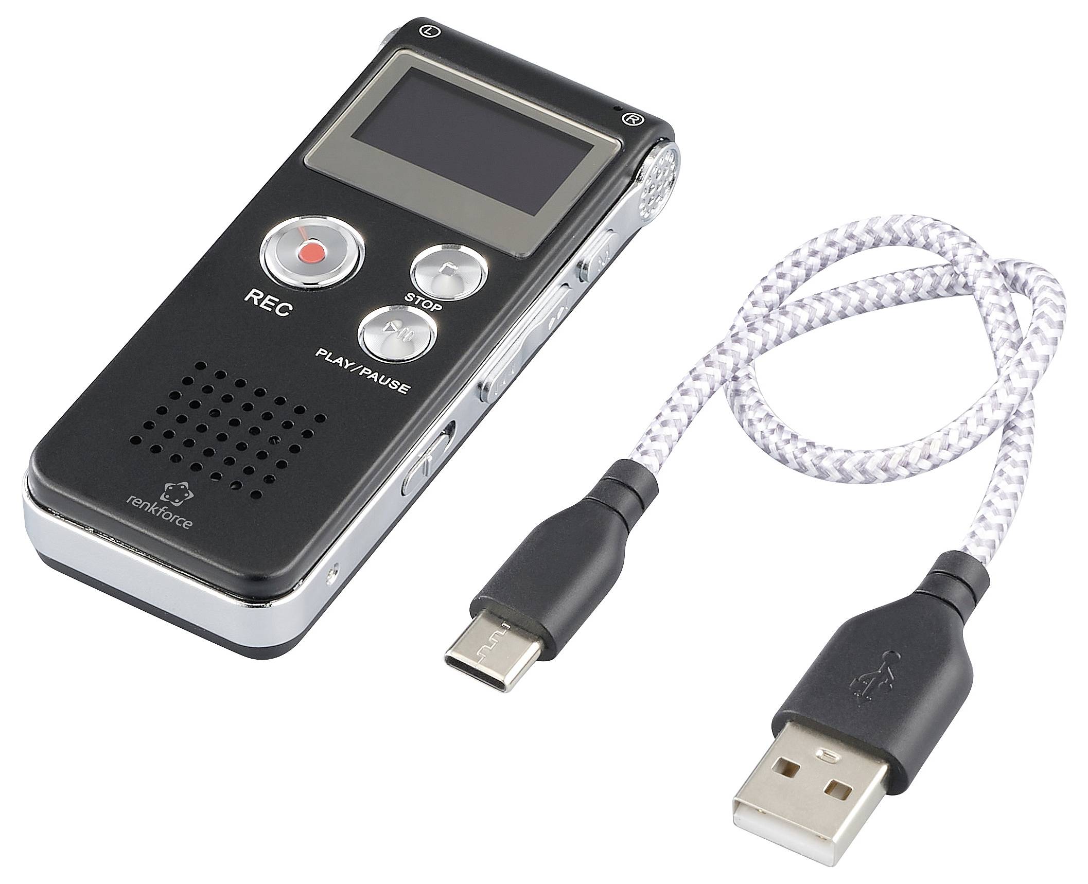 Petit enregistreur vocal portable noir avec écran, touches REC et STOP. À côté, un câble USB avec connecteurs USB-C et USB.