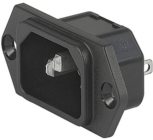 Prise de courant noir à connecteur rectangulaire, avec deux trous sur les côtés pour la fixation, adaptée aux appareils électriques.