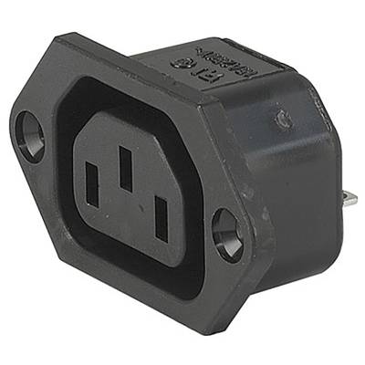 Connecteur IEC C14 pour appareils froids, en version noire à trois broches, adapté aux connexions secteur des ordinateurs et autres appareils.