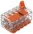 Pince de connexion transparente en plastique avec cinq leviers oranges, utilisée pour raccorder des conducteurs électriques.