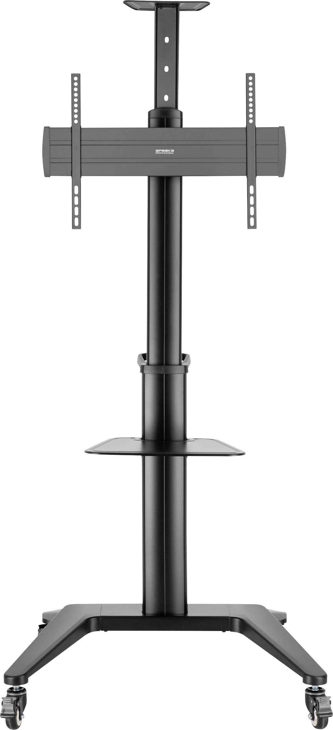Un support TV mobile noir avec roulettes, un support réglable en hauteur pour écrans plats et un petit compartiment de rangement en dessous.