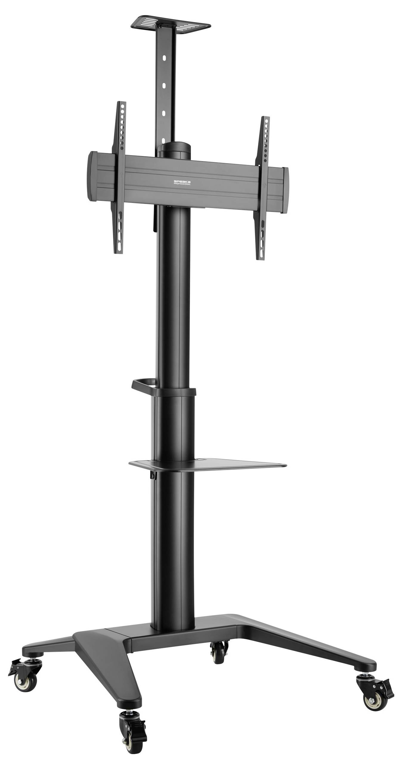 Un chariot TV noir, réglable en hauteur, avec roulettes, adapté aux téléviseurs à écran plat. Comprend une étagère de rangement et un support.