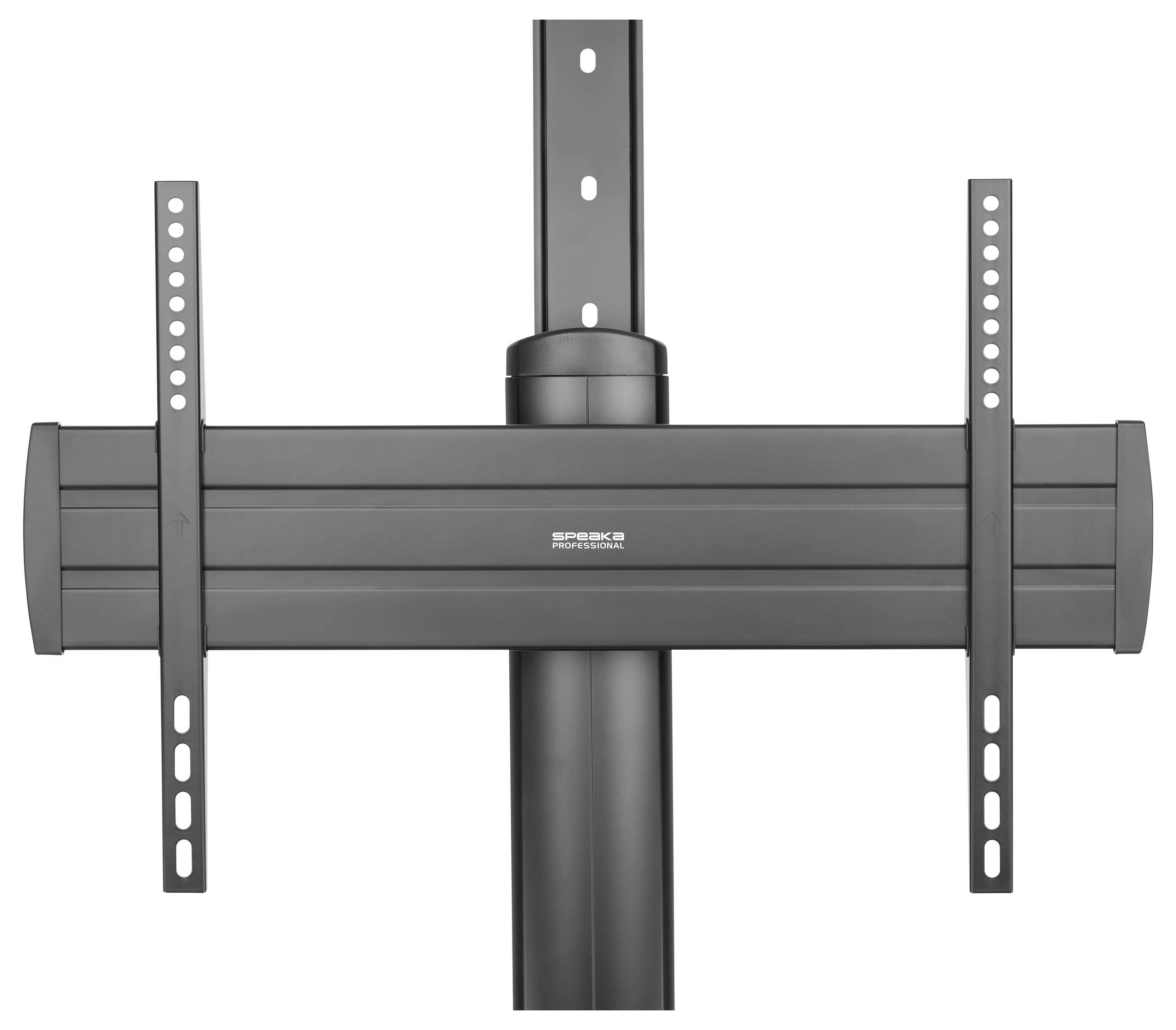 Un bras de support TV noir pour montage mural avec rails ajustables pour différentes tailles d'écran.