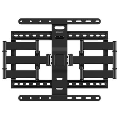 Support mural TV pivotant en noir avec plusieurs bras et trous de fixation pour un positionnement flexible des écrans.