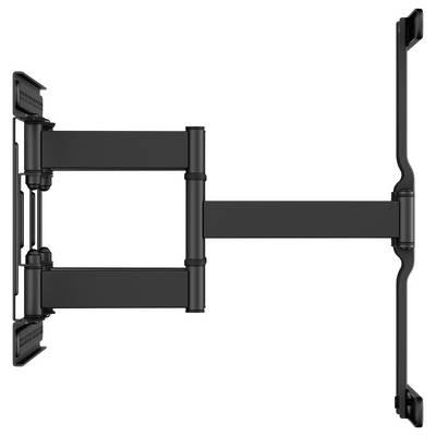 Un support mural noir pour téléviseur, ajustable, avec deux bras articulés permettant un positionnement flexible, vue de côté.