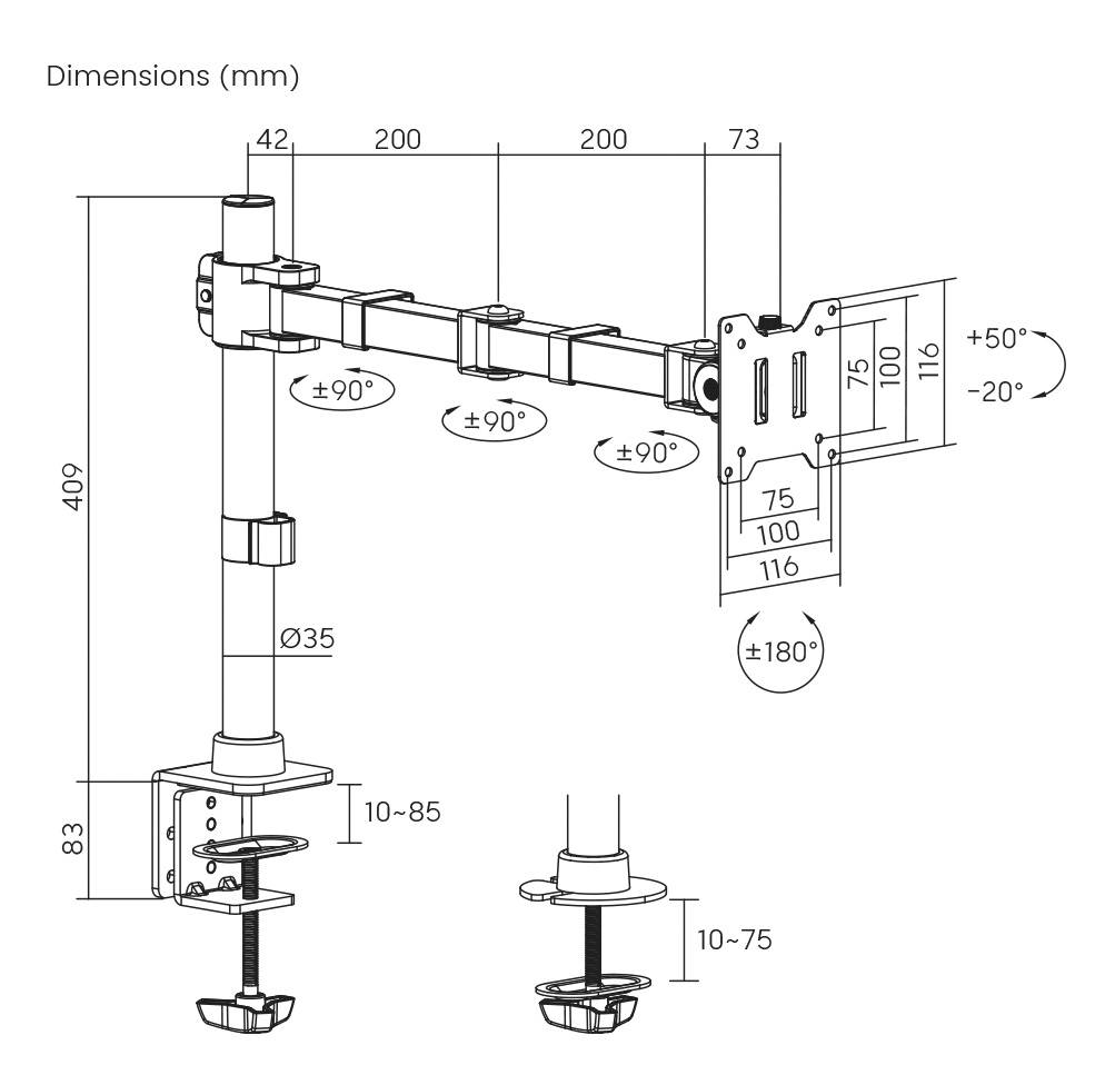 'Dessin technique d'un bras de moniteur avec des dimensions en millimètres, un angle d'inclinaison réglable de ±50° et une plage de rotation de ±90°.'