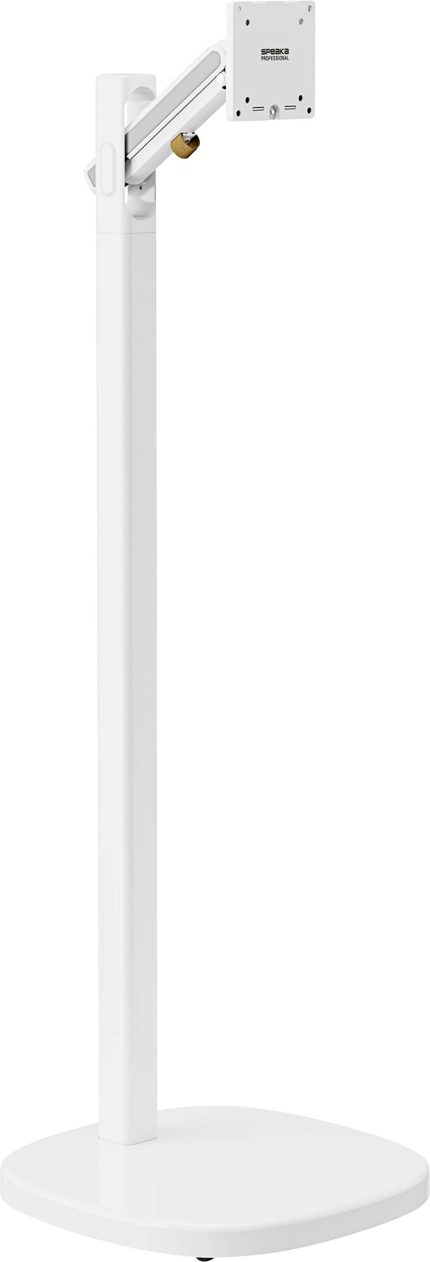 Support métallique blanc avec support rectangulaire en haut, adapté pour la fixation de moniteurs ou d'écrans.