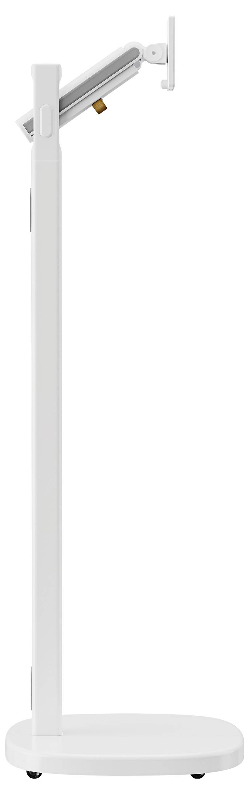 Un support vertical blanc en métal avec un support réglable en haut, probablement destiné à un appareil technique ou à un écran.