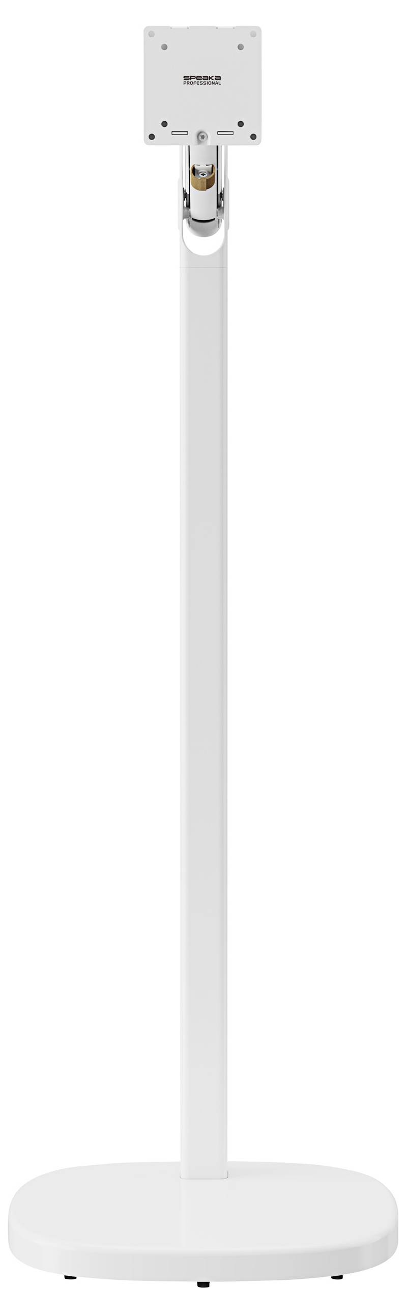 Un support blanc avec un socle rectangulaire en haut, adapté pour la fixation d'un écran ou d'un appareil.