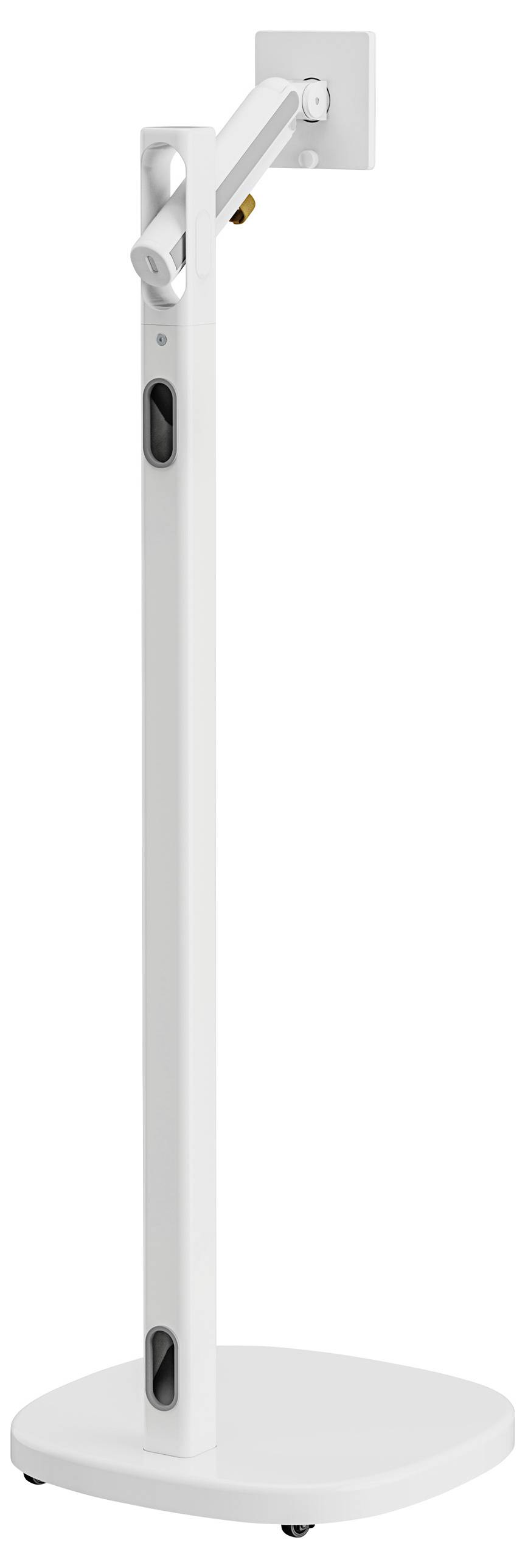 Un support de moniteur blanc réglable en hauteur, avec un socle solide rectangulaire et un bras inclinable pour positionner l'écran.