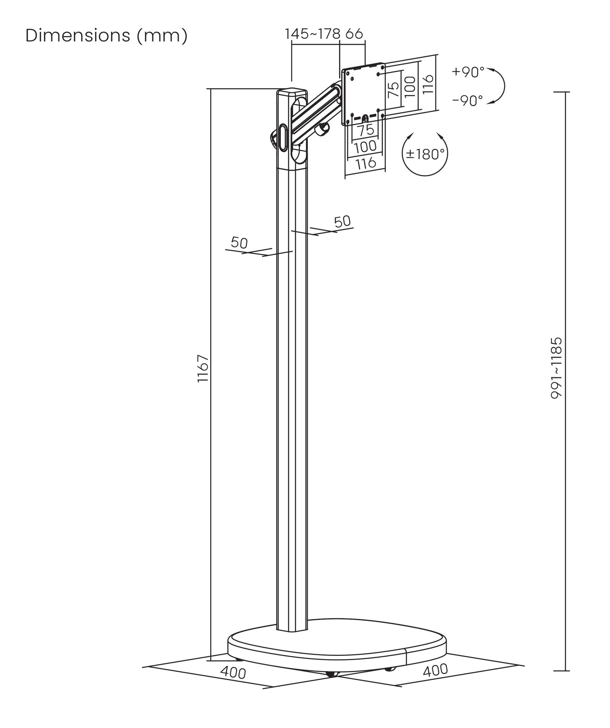 Dessin d'un support de moniteur avec bras articulé. Dimensions : hauteur 1076-1185 mm, diamètre de base 400 mm. Amplitude du bras : -90° à +90°, rotation jusqu'à 180°.