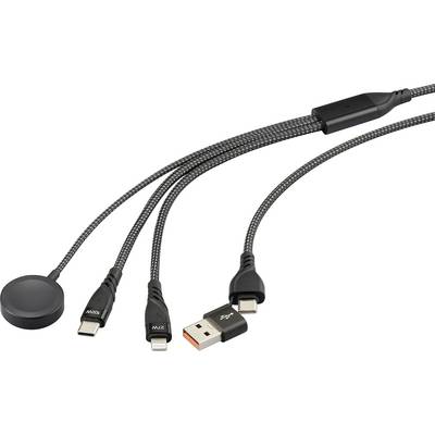 'Un câble multifonction avec quatre connexions : trois fiches USB-C et un pad de charge magnétique. Adapté à divers appareils.'