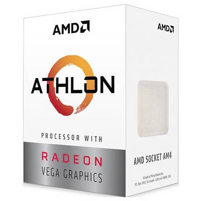 Emballage de processeur AMD avec logo 'Athlon', graphiques Radeon-Vega et socket AM4. Contient des informations sur le produit sur la face avant.