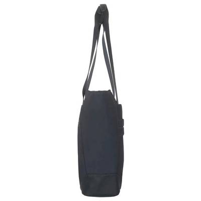 Sac à bandoulière noir en cuir, vue de côté, présentant une structure étroite et haute avec deux longues sangles de transport.