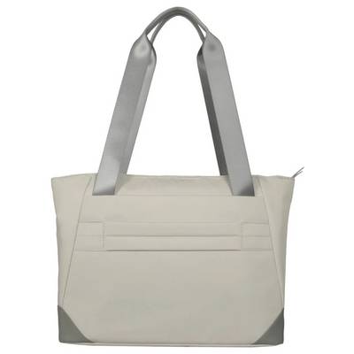 Un sac à main beige-gris avec des longues anses, au design épuré sans décoration.