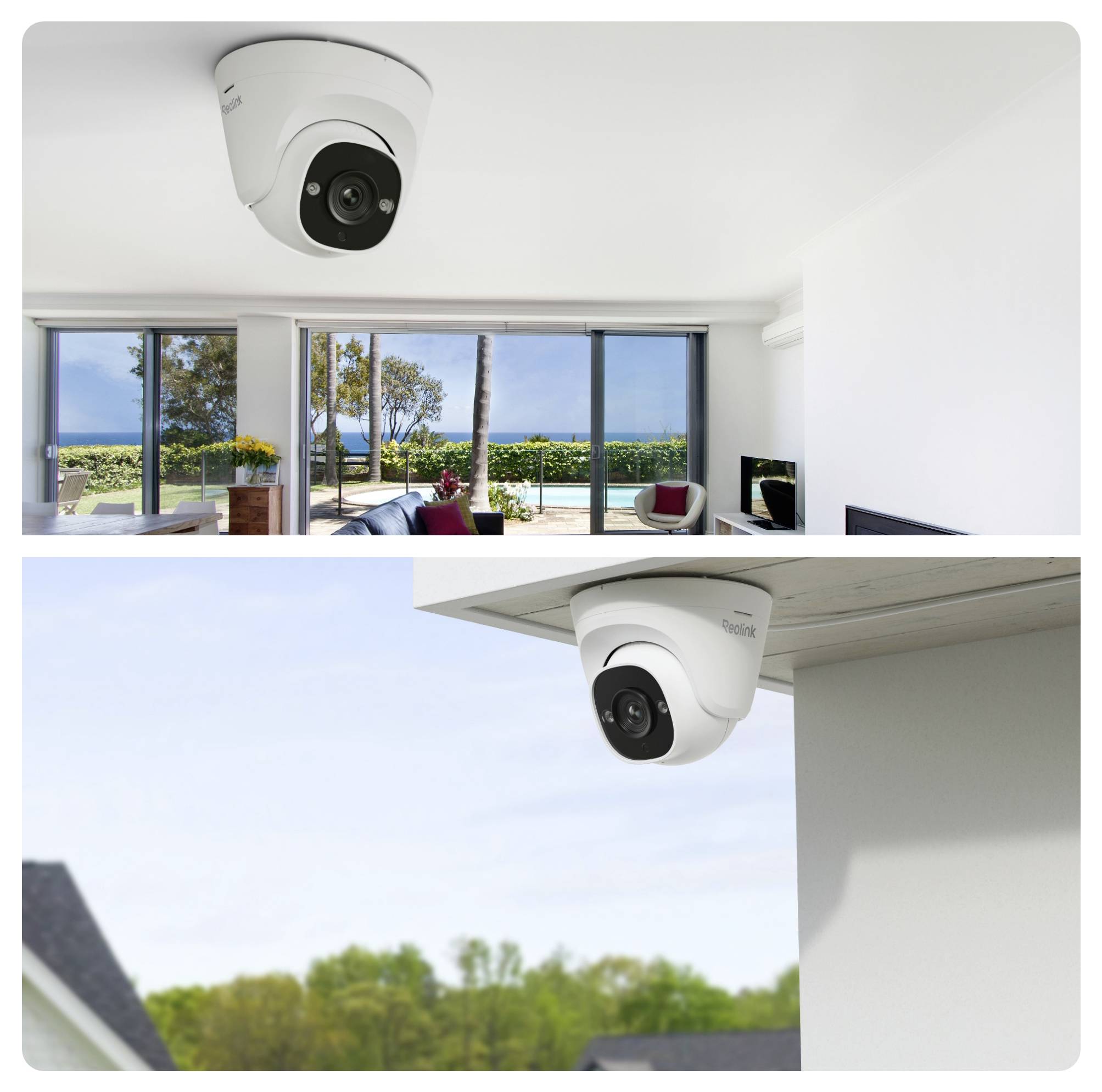 Deux caméras de surveillance sont installées sur un plafond et dans un angle extérieur, offrant des vues de surveillance de sécurité à l'intérieur et à l'extérieur.