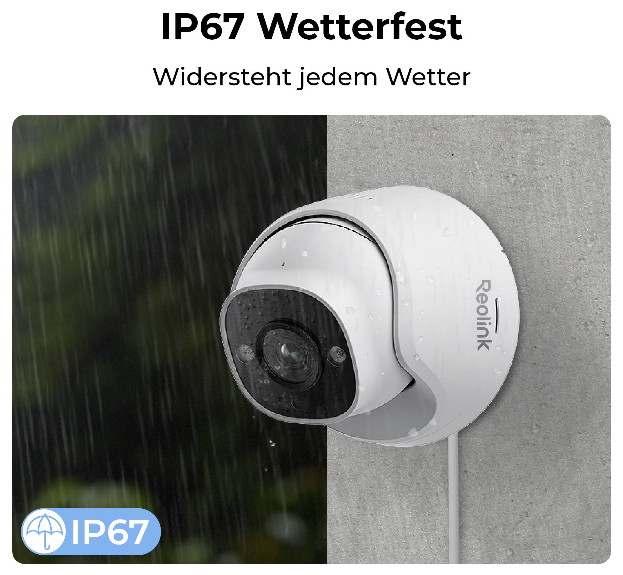 Caméra de surveillance montée sur un mur avec des gouttes de pluie, étiquetée 'IP67 Étanche', mettant en évidence sa résistance aux intempéries.