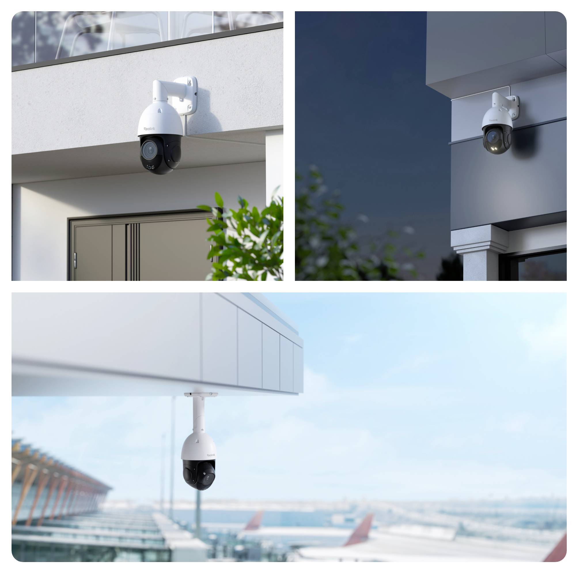 Trois caméras de surveillance sur des façades d'immeubles ; une sur un mur pendant la journée, une autre à un angle de rue la nuit, la troisième surplombant une piste d'aéroport.