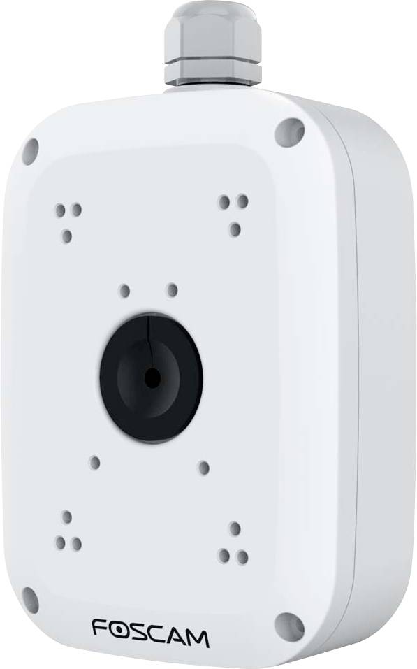 Caméra de sécurité blanche de Foscam aux bords arrondis avec un objectif noir au centre, adaptée à la surveillance.