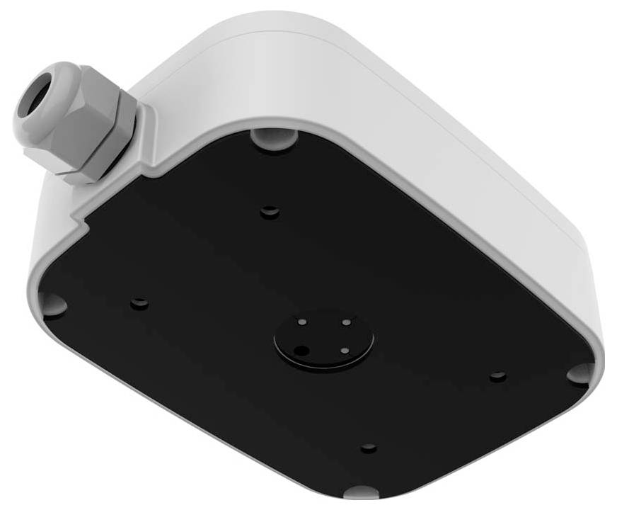 Boîte rectangulaire blanche en plastique avec un fond noir et un presse-étoupe dans un coin, probablement un coffret électrique.