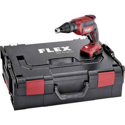 Visseuse sans fil sur une mallette à outils noire avec un accent rouge, marque 'FLEX'.