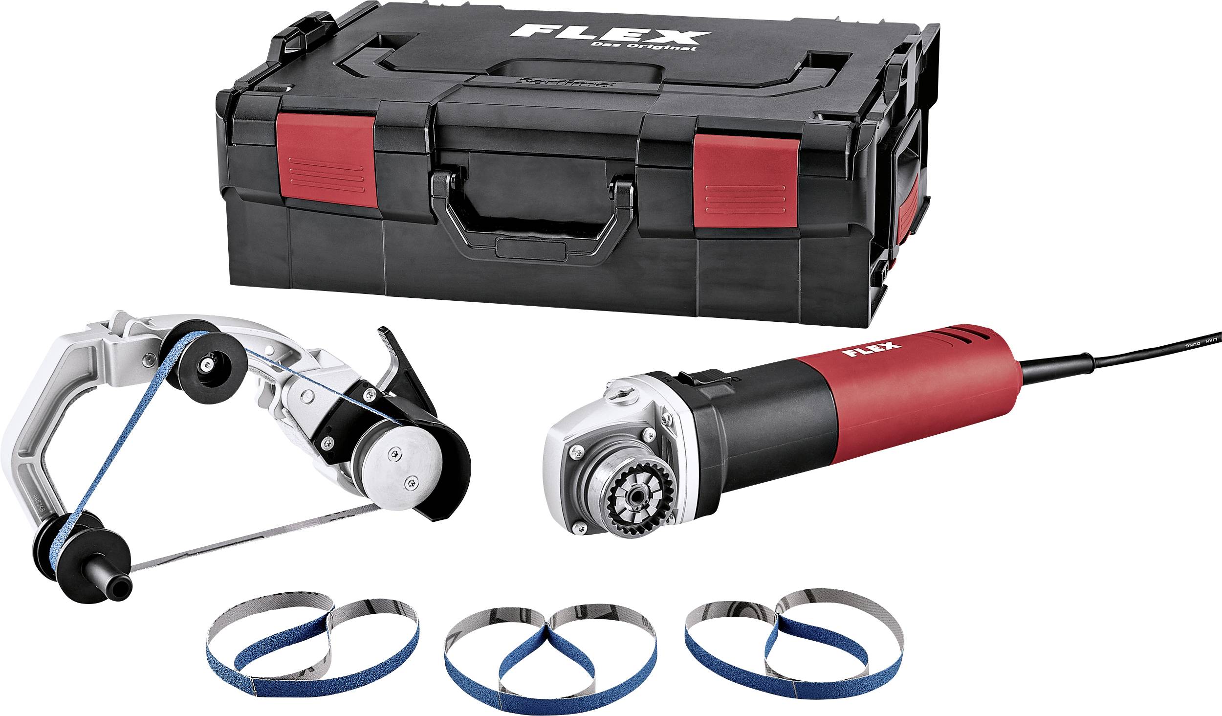 Appareil de meulage électrique avec accessoires, comprenant des meules et des bandes, devant un coffret à outils portable noir. Idéal pour un meulage précis.