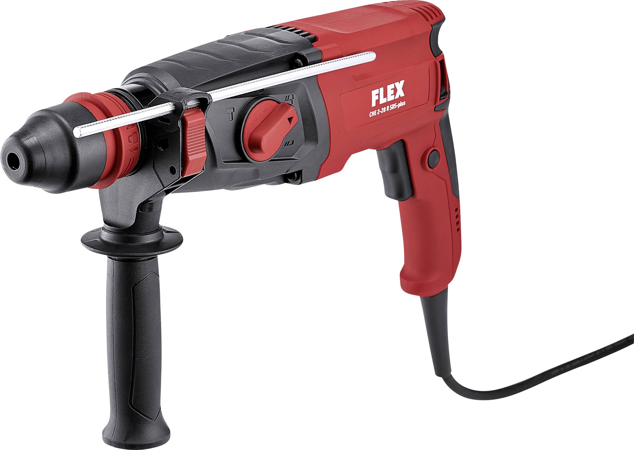 Un marteau perforateur rouge et noir avec câble, une poignée correspondante et la marque 'FLEX' inscrite sur le côté.